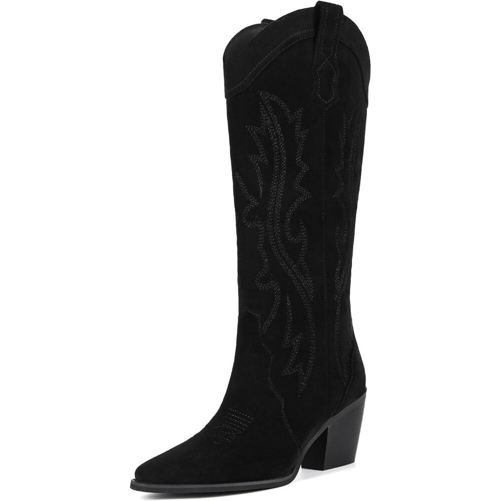 Women's Black Suede Cowgirl Boots  Knee High Pointed Toe Tall Block Heel Boots